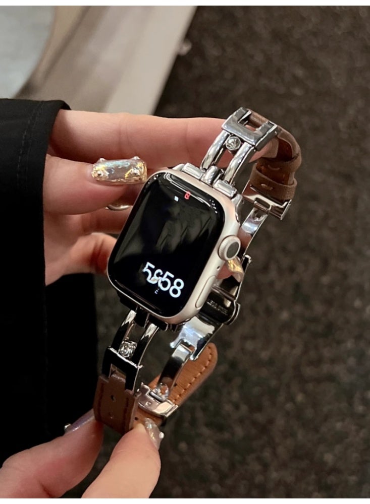 Metal Leather erfly Buckle Strap Brown Suitable For 46MM (iWatch 10th generation)Use - Image 2